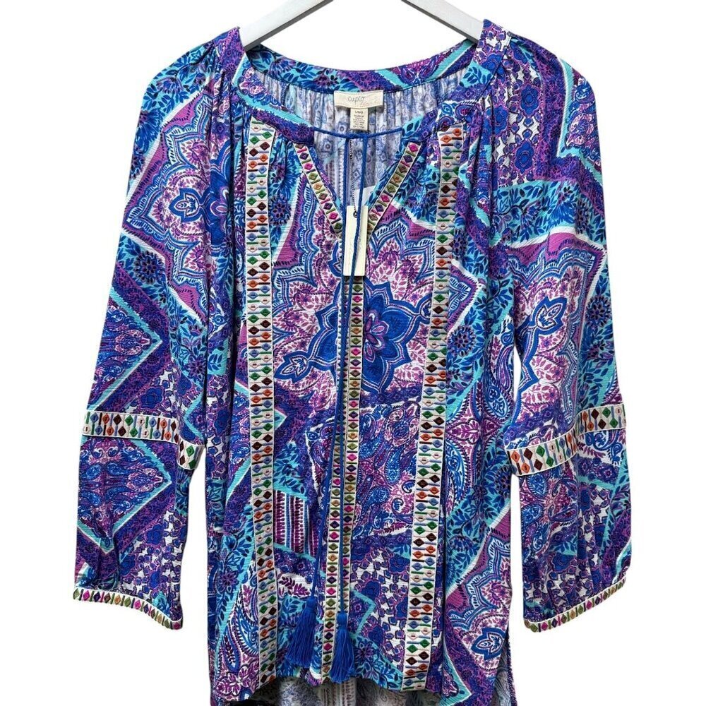 Cupio Boho Peasant Top Size Large Womens Tunic Tee Blouse Blue Paisley NWT